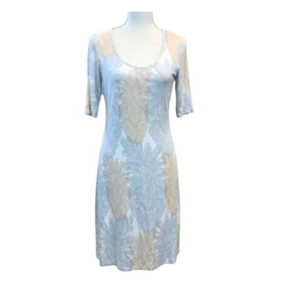 Tommy Bahama Shirt Dress Short Jersey Knit Pinapple Paisley White Cream Gray M - Picture 2 of 13